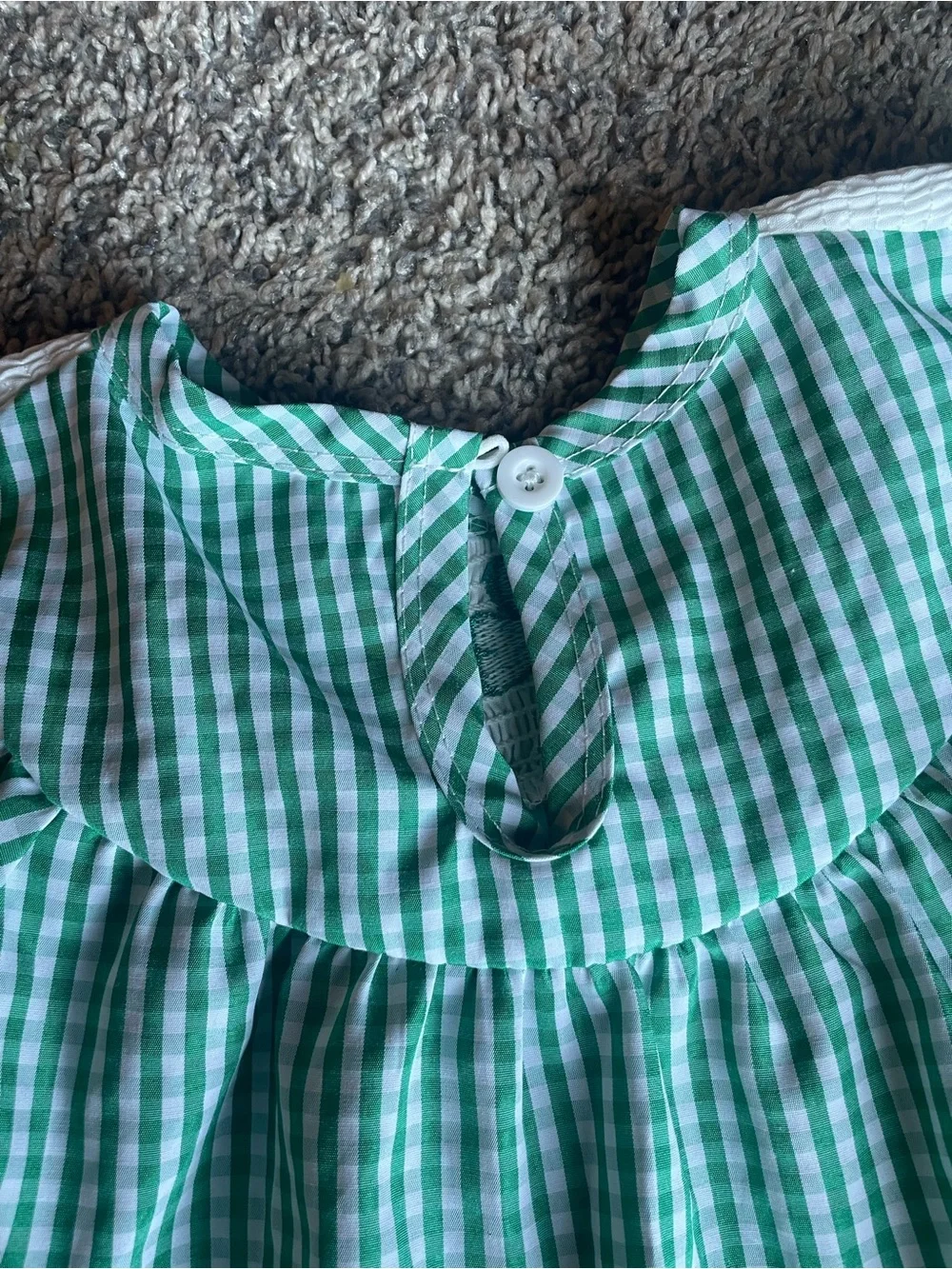 Green Gingham Smocked Baby Romper with Shamrock Embroidery